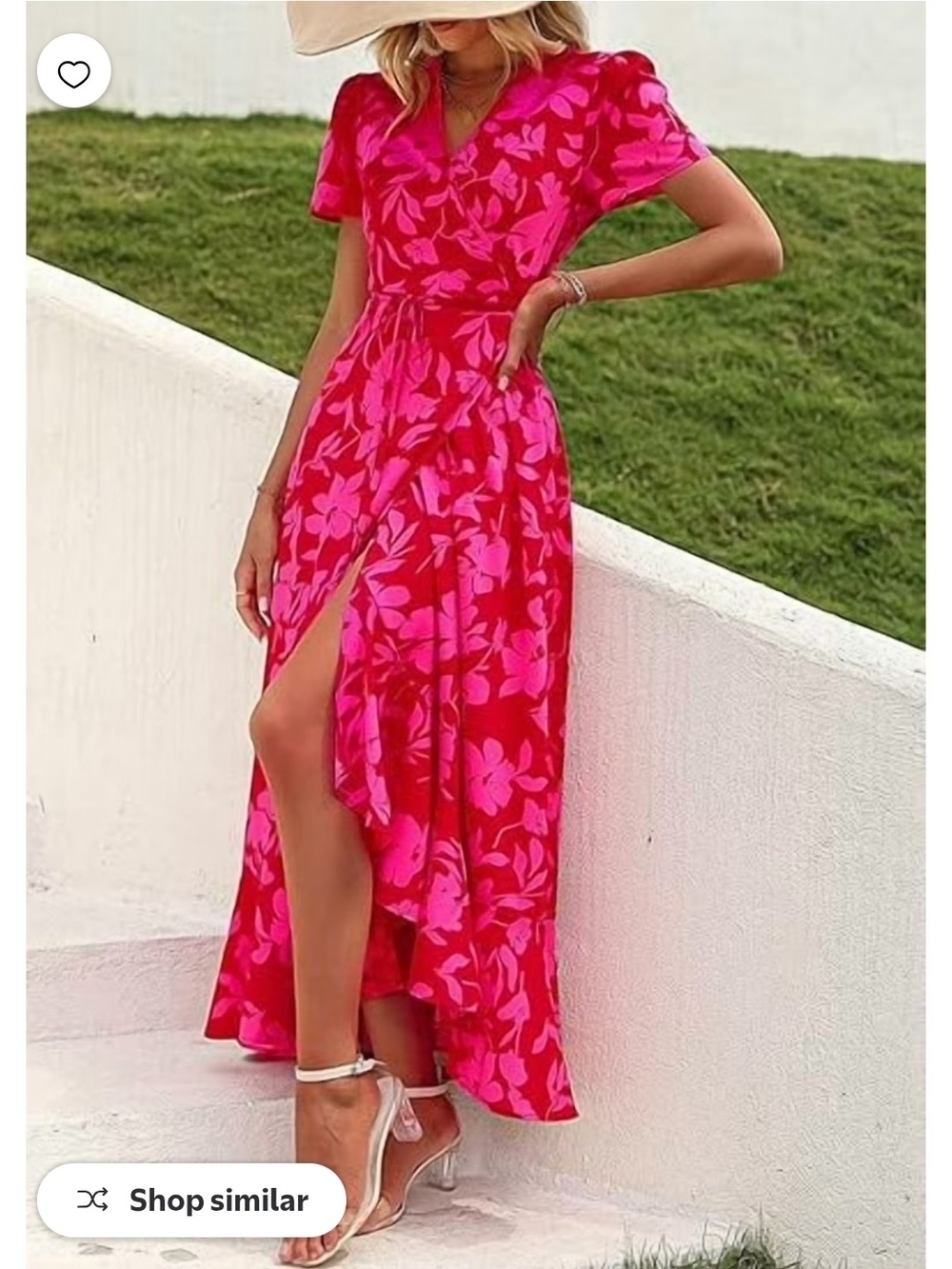 Floral Wrap Midi Dress - Red Pink